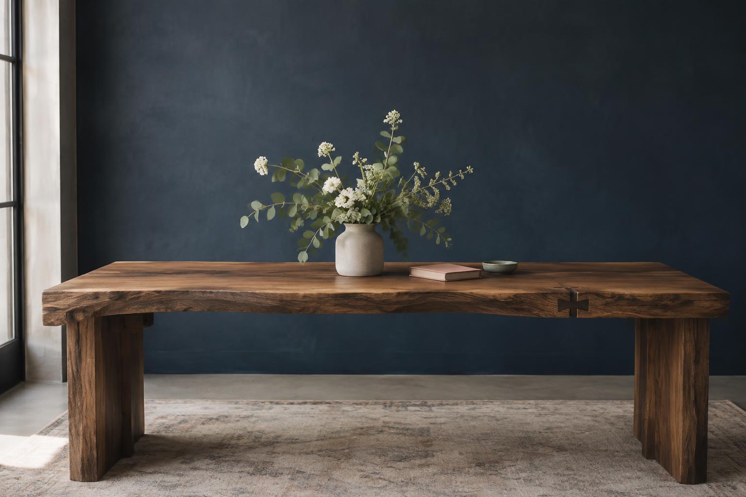 An imperfect handcrafted wooden worktable with simple greenery against a navy wall